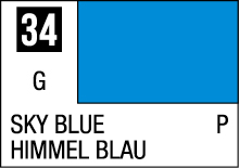 Vibrant sky blue color swatch 34 with clear labels in English and German.