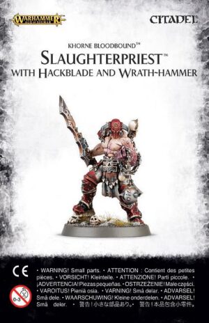 Fierce Khorne Slaughterpriest miniature with Hackblade and Wrath-hammer for Warhammer tabletop gaming.