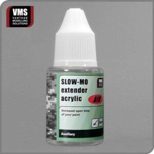 Clear bottle of Slow-Mo Extender Acrylic for model painting precision and extended drying time.