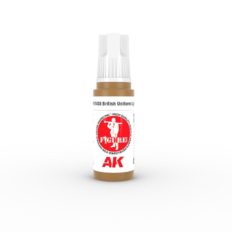 Precision paint bottle for miniatures with red AK emblem, ideal for hobbyists detailed applications.