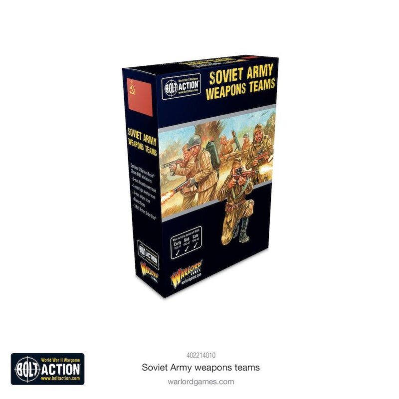 Soviet Army Weapons Teams box for Bolt Action game featuring dynamic military artwork and detailed miniatures.