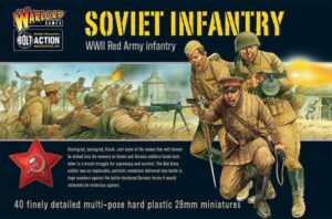 Soviet WWII infantry miniatures set with 40 detailed figures for collectors and war gamers.