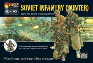 Soviet Winter Infantry miniatures for Bolt Action: 40 detailed 28mm WWII soldiers in winter attire.