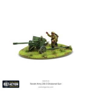 Miniature Soviet ZIS-3 gun model with soldier figure on a detailed grassy diorama.