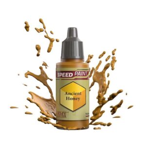 Vibrant transparent bottle of Speed Paint in Ancient Honey color with dynamic paint splatters.