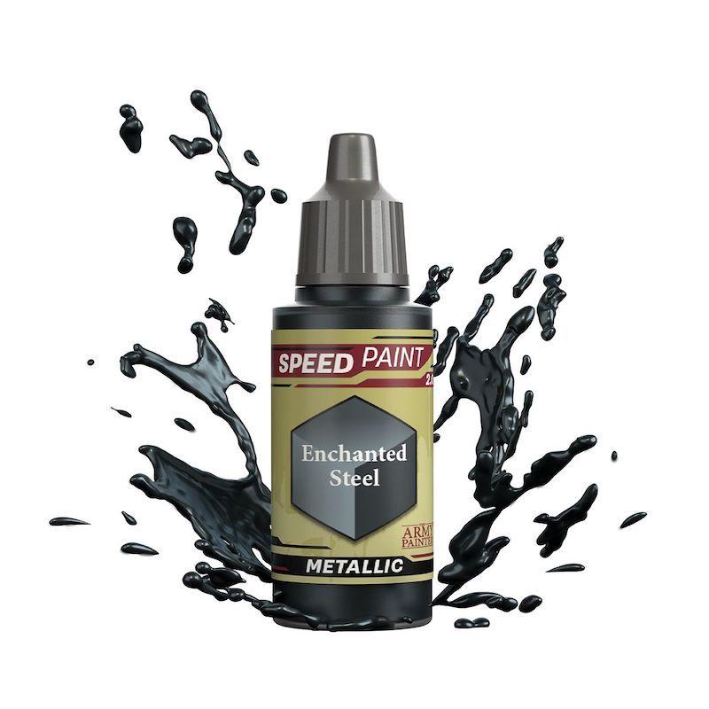 Metallic Enchanted Steel Speed Paint in a sleek bottle with dynamic black splash backdrop.