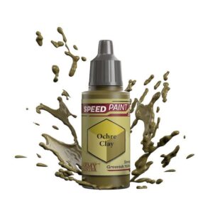 Vibrant Ochre Clay paint bottle with splash conveys creativity for artists and hobbyists.