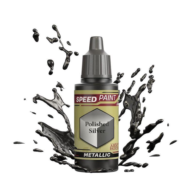 Polished Silver Speed Paint bottle with dynamic black splash, perfect for artists and hobbyists.