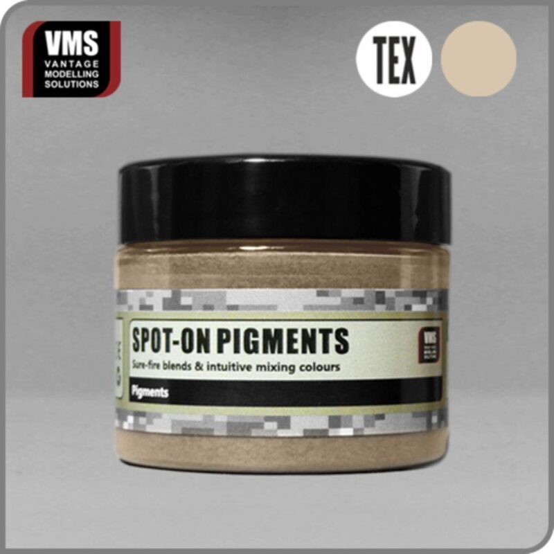 Clear jar of beige Spot-On Pigments by Vantage Modelling Solutions for artistic applications.