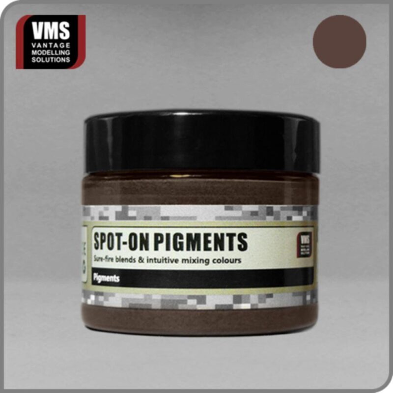 Dark brown VMS Spot-On Pigments in a sleek jar, ideal for versatile modeling projects.