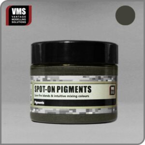 Dark green Spot-On Pigments jar by VMS, ideal for modelers and artists, featuring intuitive mixing colors.