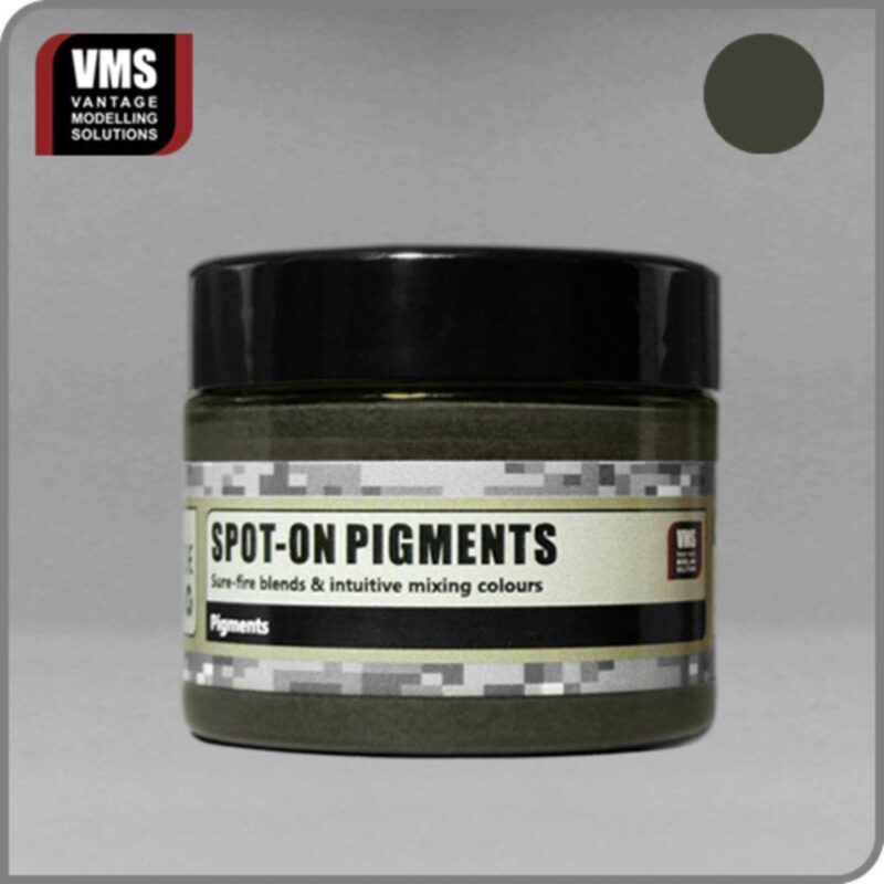 Dark green Spot-On Pigments jar by VMS, ideal for modelers and artists, featuring intuitive mixing colors.
