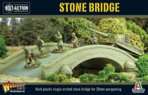 28mm scale stone bridge model enhancing wargaming battles with detailed scenery and dynamic soldier poses.