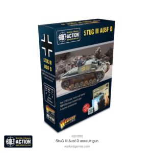 Stug III Ausf D assault gun model packaging with battlefield illustration and Bolt Action branding.