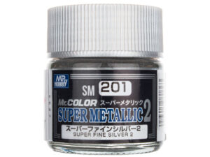 Mr. Hobby Super Metallic 2 silver paint in a clear jar, ideal for model finishing.