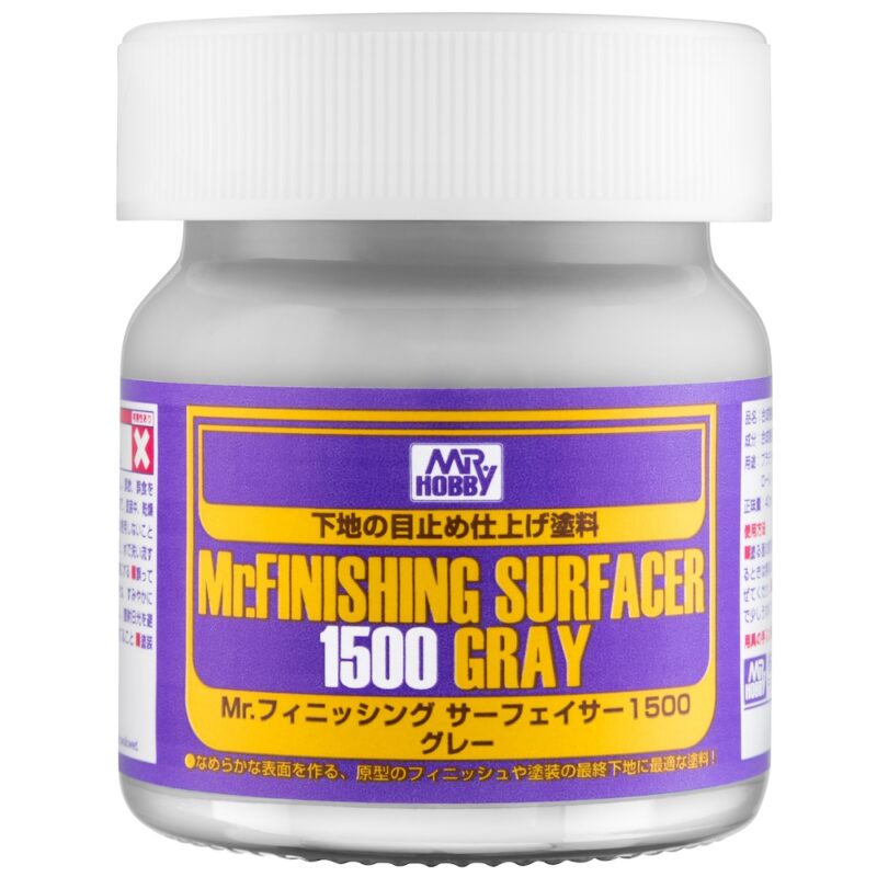 Mr. Finishing Surfacer 1500 Gray for smooth model finishes before painting.