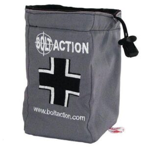BOLT ACTION grey tactical pouch with drawstring, ideal for gamers and outdoor enthusiasts.