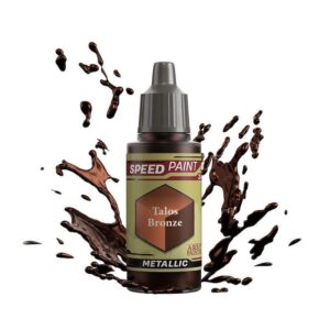 Talos Bronze speed paint in a sleek bottle, surrounded by dynamic chocolate brown splashes.