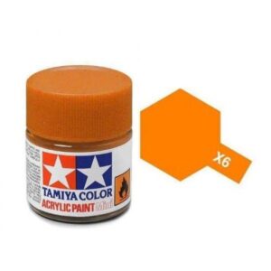 Tamiya acrylic orange paint jar with hexagonal color swatch labeled X6 for model building.