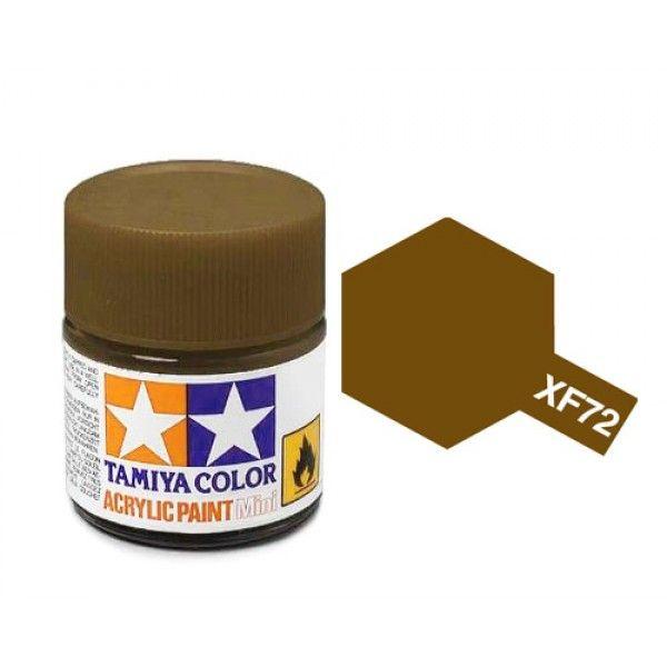 Tamiya XF-72 brown acrylic paint jar with matching swatch for model-making enthusiasts.