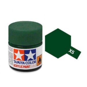 Tamiya Deep Green Acrylic Paint X5 jar with color swatch for model-making projects.