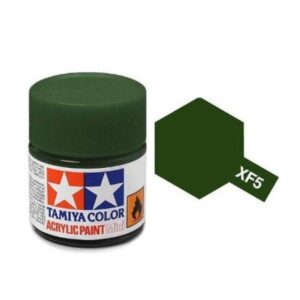 Tamiya XF5 Deep Green acrylic paint jar for model building and artistic use.