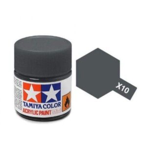 Tamiya Gray X10 acrylic paint jar, sleek design with color swatch for modeling projects.
