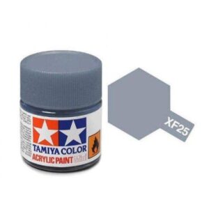 Tamiya XF25 acrylic paint jar, light grey, clear container, muted blue lid, vibrant branding.