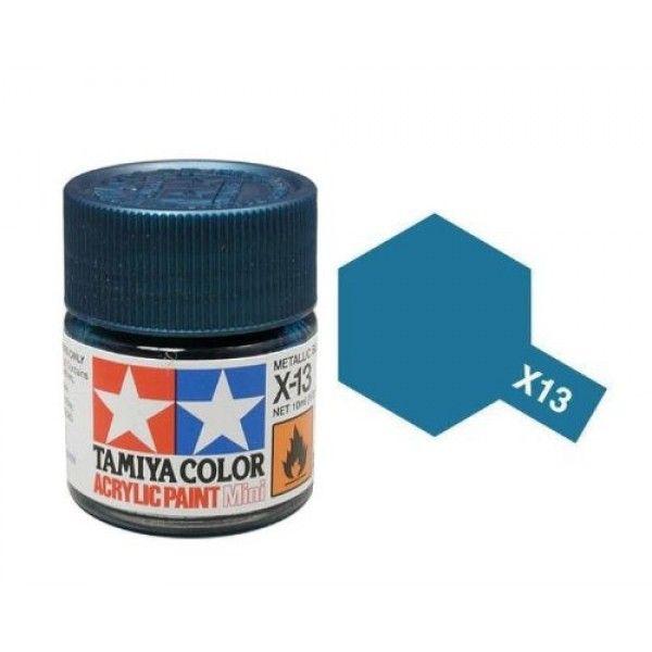 Tamiya X-13 acrylic paint jar with vibrant teal color for model hobbyists.