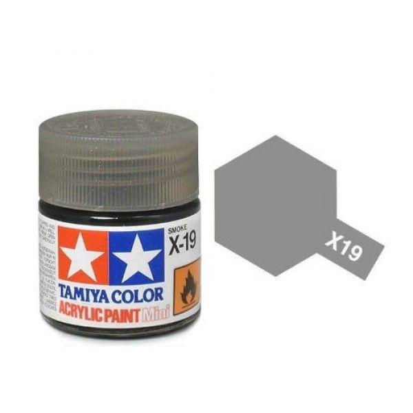 Tamiya X-19 acrylic paint jar with vibrant labeling and color swatch for model painting.