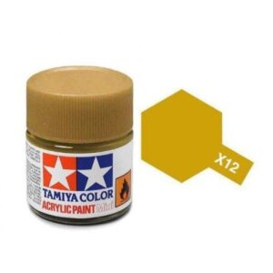 Tamiya X12 Golden Yellow acrylic paint jar with vibrant label and flammability caution symbol.