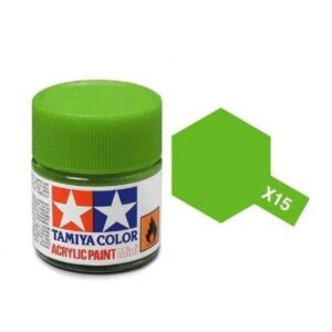 Tamiya X15 Green acrylic paint jar with vibrant color and matching textured lid.