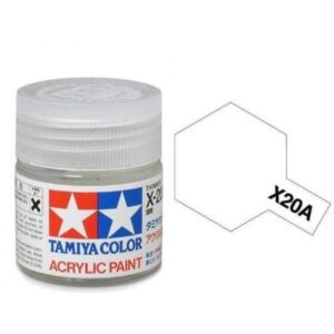 Tamiya X20A acrylic paint in clear jar, perfect for model building and hobby projects.