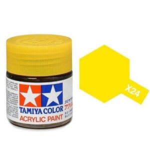 Tamiya X24 yellow acrylic paint jar with matching color swatch for modelers and artists.