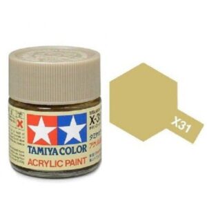 Tamiya X31 acrylic paint jar and matching color swatch for precision model building.
