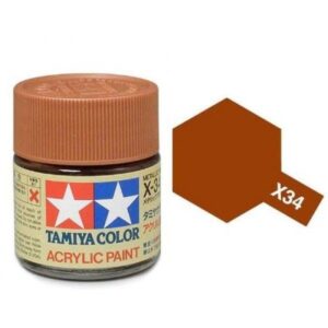 Tamiya X-34 acrylic paint jar, warm brown shade for model building and artistic projects.