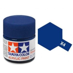 Tamiya X4 blue acrylic paint jar for model building with hexagonal swatch.