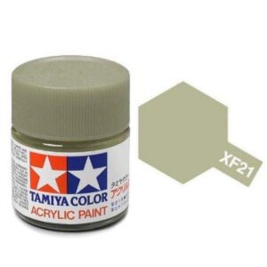 Tamiya XF-21 acrylic paint jar in muted light green, ideal for modeling projects.