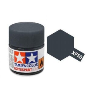 Tamiya XF-50 Field Blue acrylic paint jar with logo, color swatch, and safety labels.