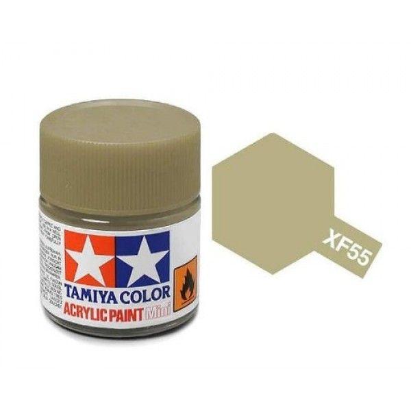 Tamiya XF-55 acrylic paint, olive-green shade, perfect for modelers and detailed projects.
