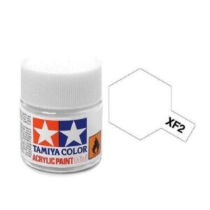 Tamiya XF2 flat acrylic paint in a clear jar, ideal for model painting projects.