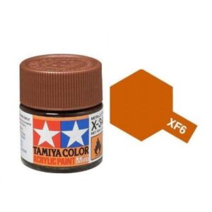 Tamiya XF6 acrylic paint jar with vibrant brown color and hexagon orange swatch.
