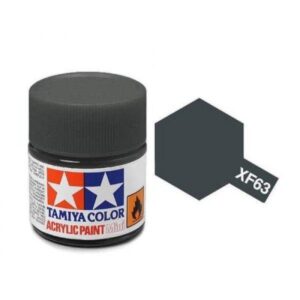 Tamiya XF63 acrylic paint jar with matching hexagonal color swatch for model builders.