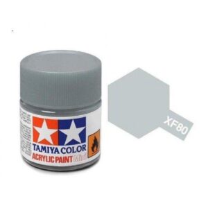 Tamiya XF80 Light Gray Acrylic Paint in clear jar with colorful label and hexagonal swatch.