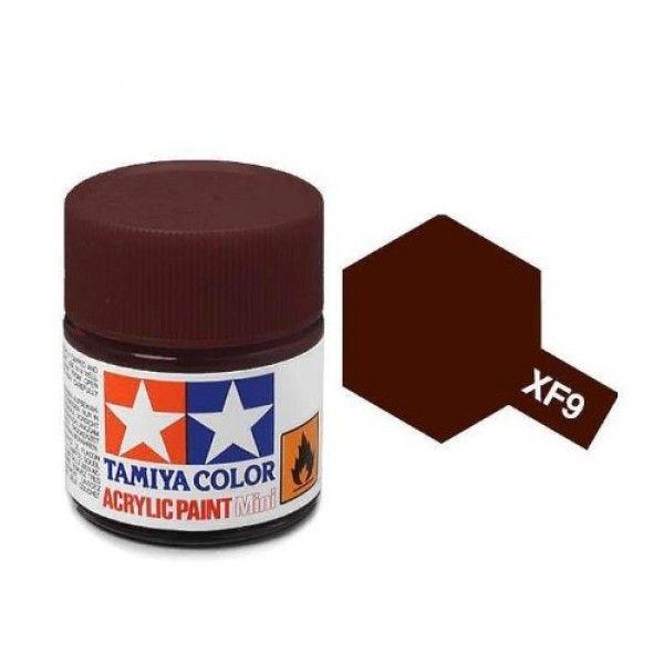 Tamiya XF9 acrylic paint jar and color swatch, ideal for model builders and hobbyists.