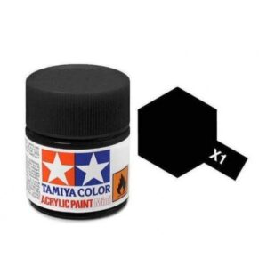 Tamiya Color X1 acrylic paint jar with black lid and color swatch for model builders.
