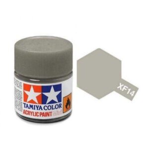 Tamiya Color XF14 acrylic paint in gray, displayed in a transparent cylindrical jar.