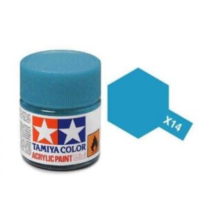 Tamiya X14 Bright Cyan Acrylic Paint in glossy jar, ideal for model-making and artistry.