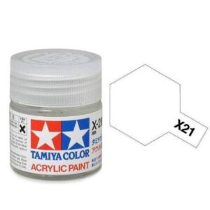 Tamiya Color X21 acrylic paint jar, showcasing a light gray shade and vibrant branding elements.