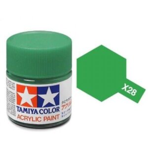 Tamiya Color X28 Green acrylic paint jar with vibrant lid and quality branding.
